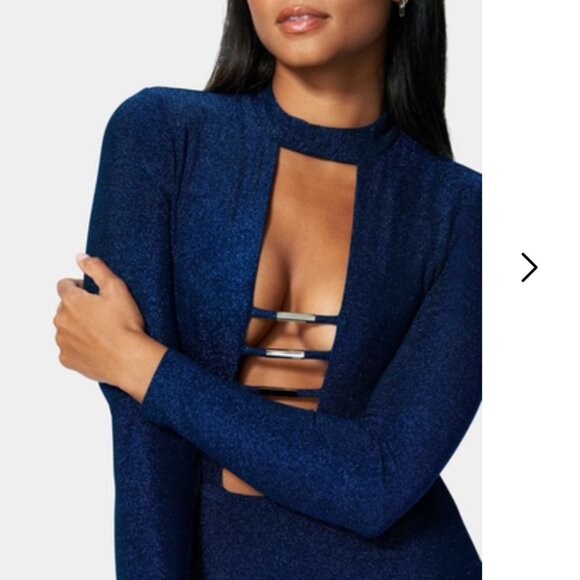 Bebe Caged Sparkle Knit Dress Long Sleeves Dazzling Blue Metallic - Picture 3 of 17